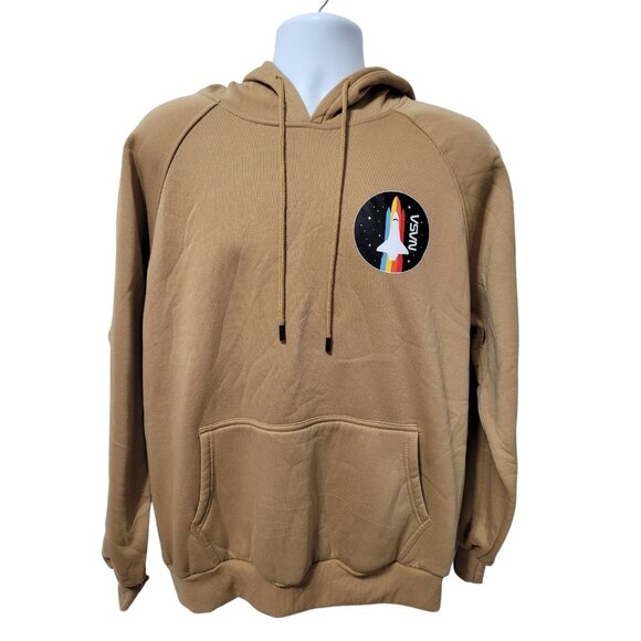 Mens NASA Hoodie Sweatshirt Brown L Relaxed Rocket Skater Surfer Pocket - Picture 1 of 11